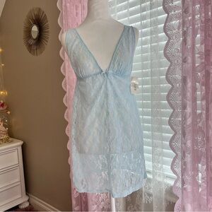 Sheer Lace V-Neck Slip Dress - Light Blue